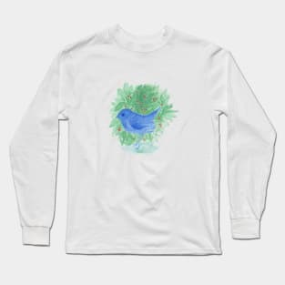 blue bird and shrub watercolor painting Long Sleeve T-Shirt